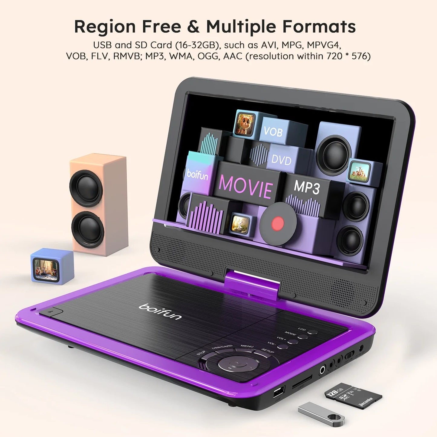 BOIFUN 12.5" Portable DVD Player with 10.5" Swivel HD Screen for Car and Kids 2Pack - purple